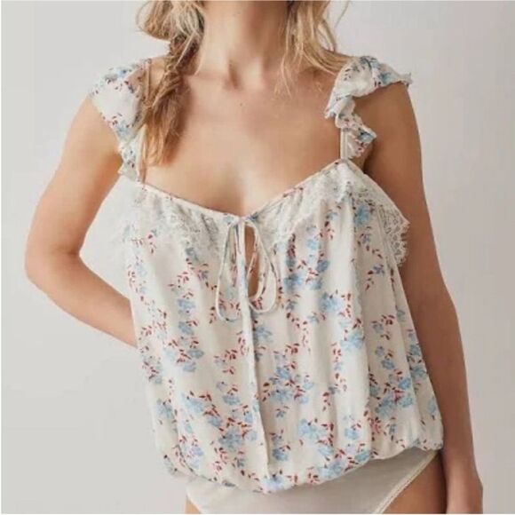 Free People Floral Lace Trim Bodysuit - Cream and Blue - Picture 1 of 10